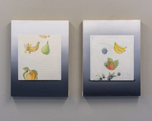 דיפטיך- נייר סופג (תפוח, אגס ובננה + תות, פטל, בננה ואוכמניות), 2021, 40x30 סמ